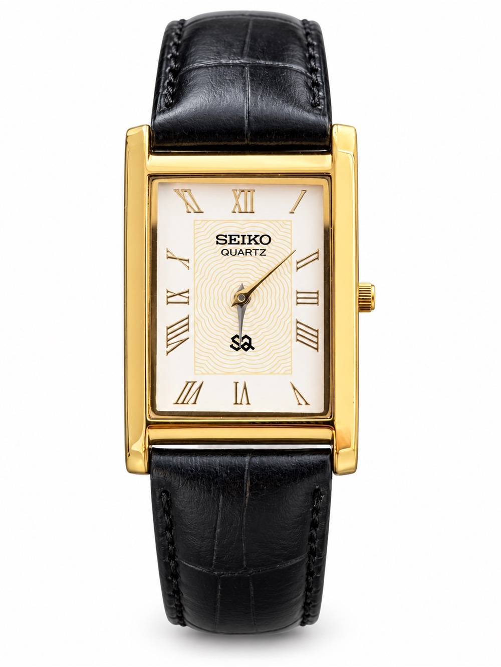 Vintage Seiko Tank watch White dial Gold Bezel with Black Strap